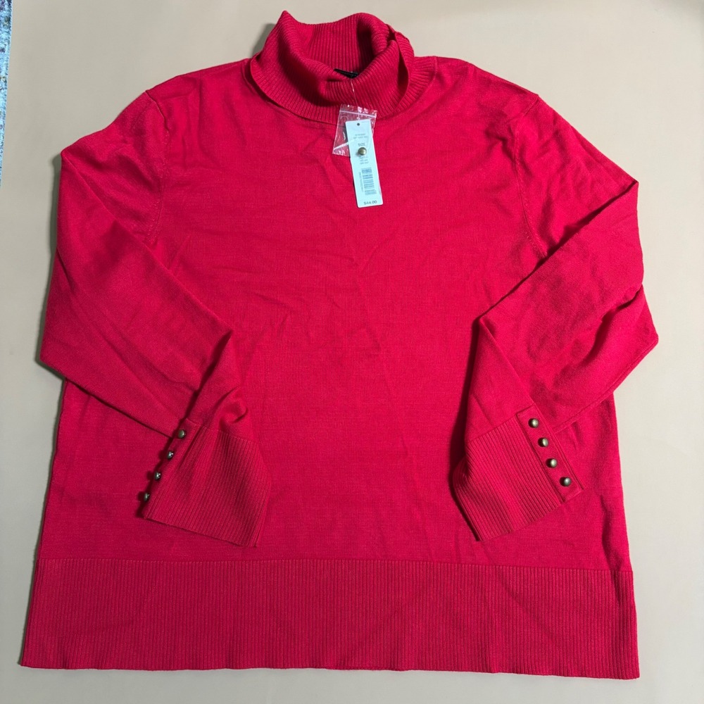 Investments II Women 2X Red Turtleneck Boxy Sweater Gold Button Cuff NEW Clasic